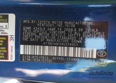 2009 Toyota Camry Le из США, поврежденный, VIN 4T1BE46K39U378051